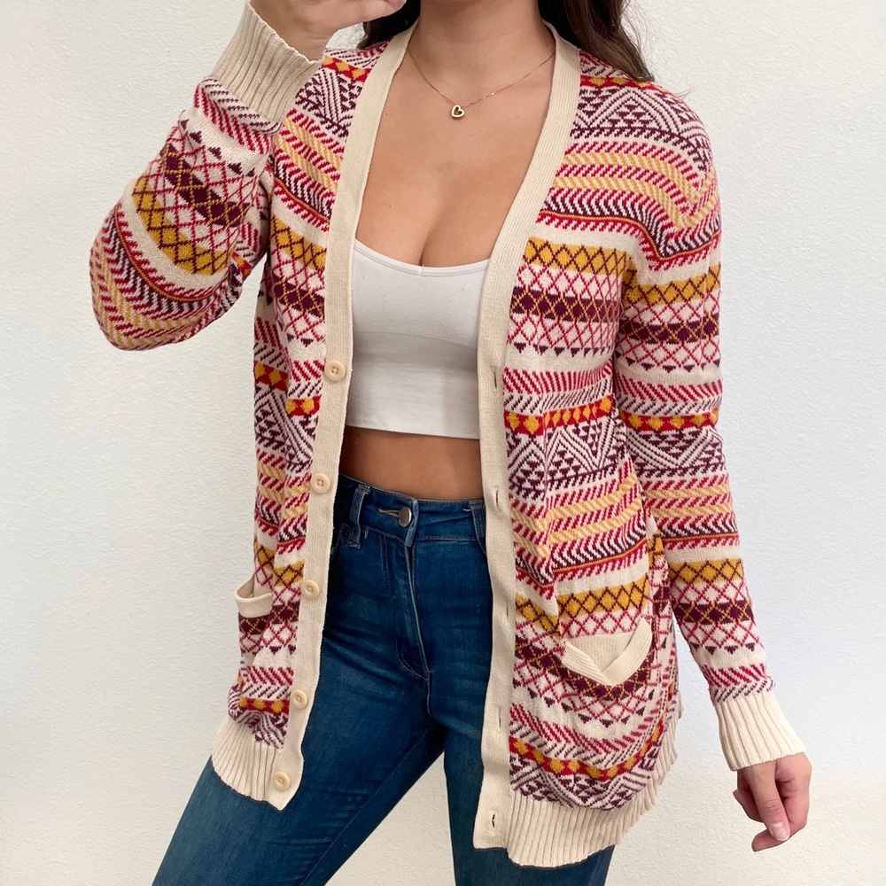 Cream, yellow, purple, and red aztec button cardigan